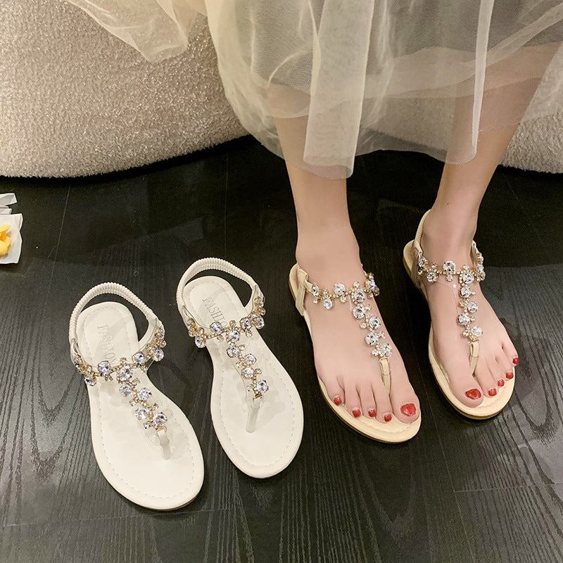 Summer New Water Diamond large beach sandals with rhinestone embellishments in beige and white, stylish and comfortable for women