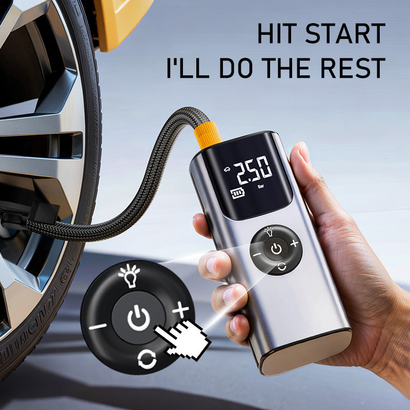 Portable wireless tire inflator with LED light, digital gauge, and USB charging for car and bike emergency use