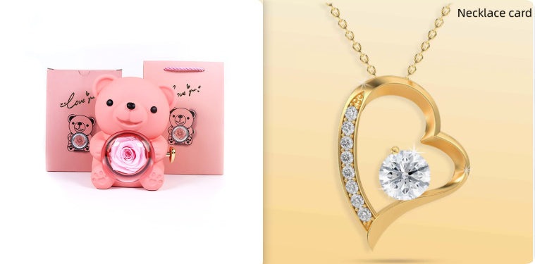 Rotating Eternal Rose Teddy Bear Gift Box Jewelry Box With Necklace Valentine Gift