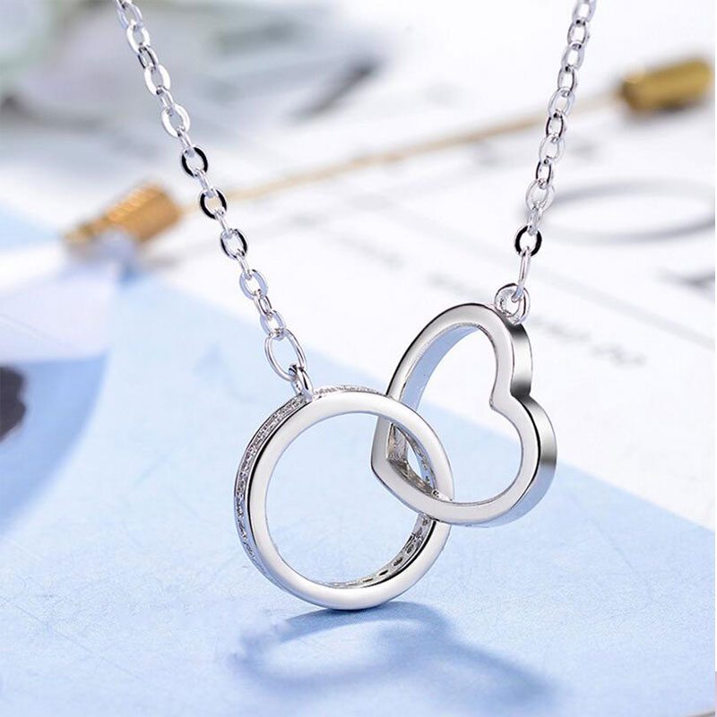 Korean style women's silver Necklace Two Ring with diamond geometric design and 40cm chain
