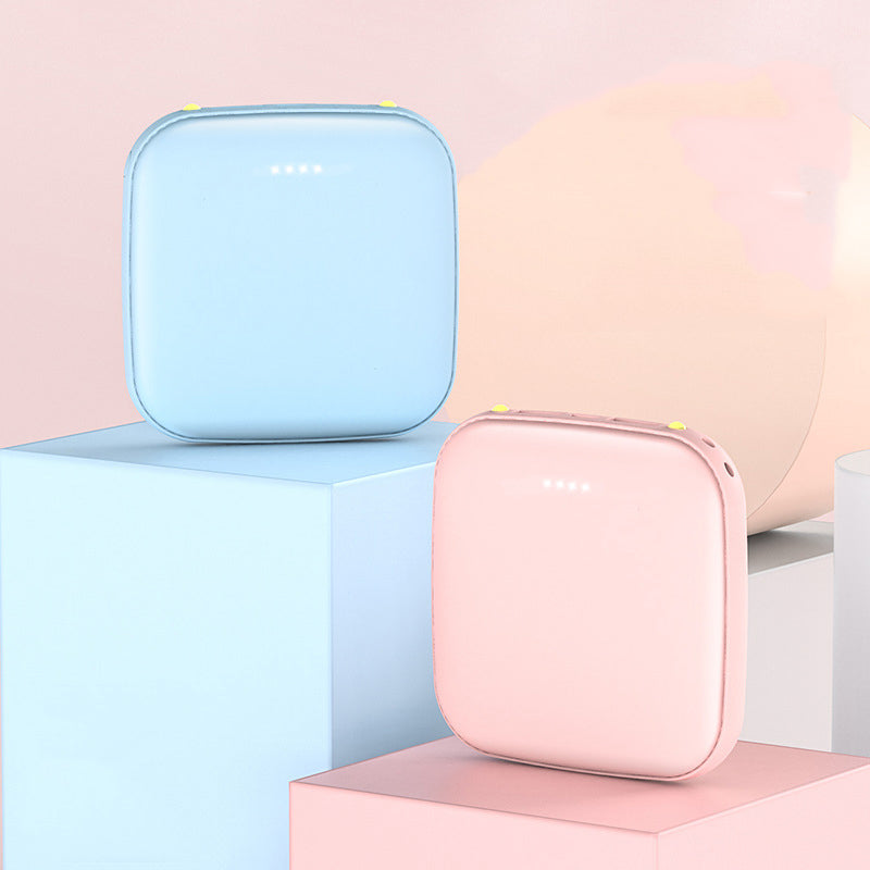Portable Mini Large 10000mAh power bank with multi-USB output in black, white, blue, and pink colors
