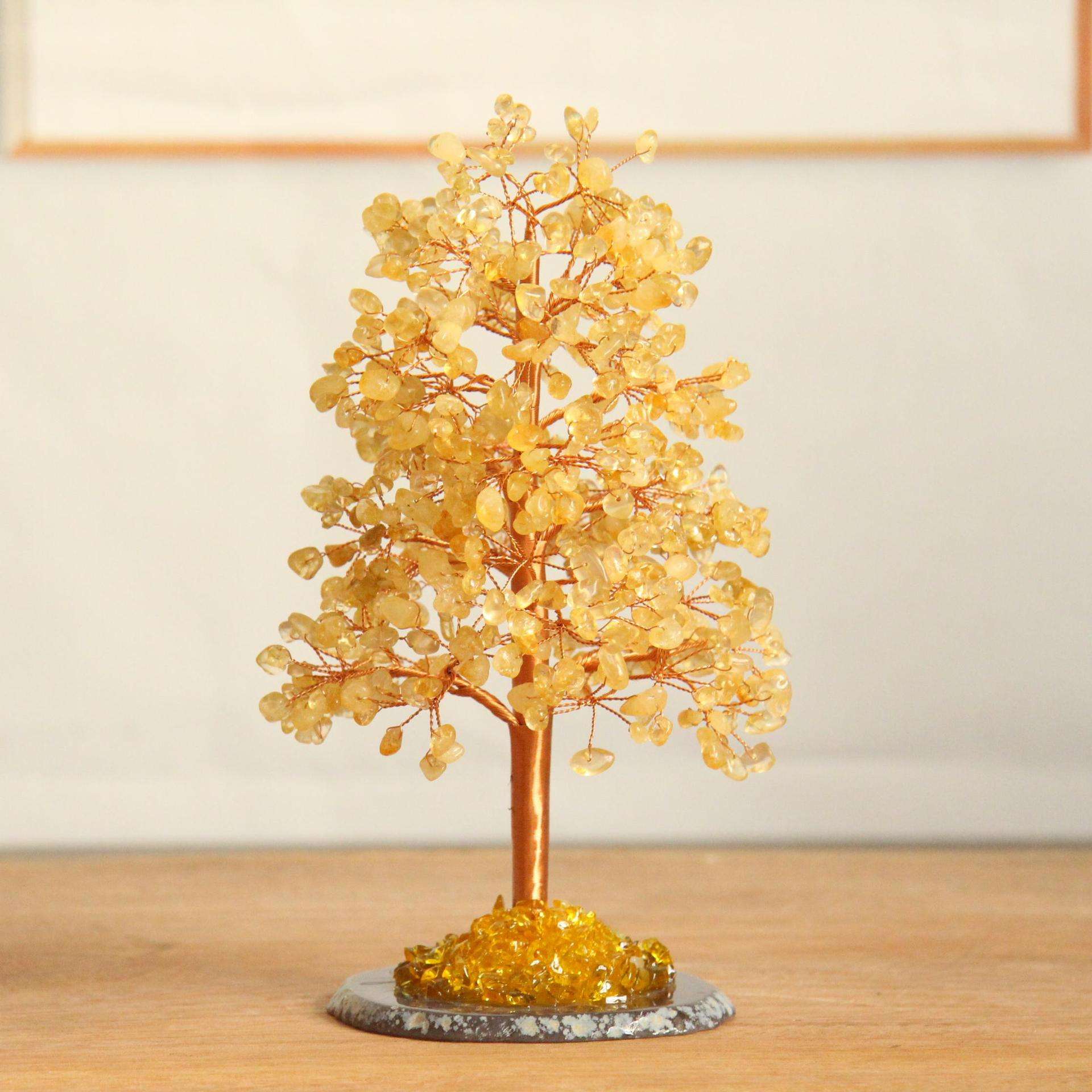 Natural Crystal Fortune Tree Pachira Macrocarpa with agate slice base in citrine crystal