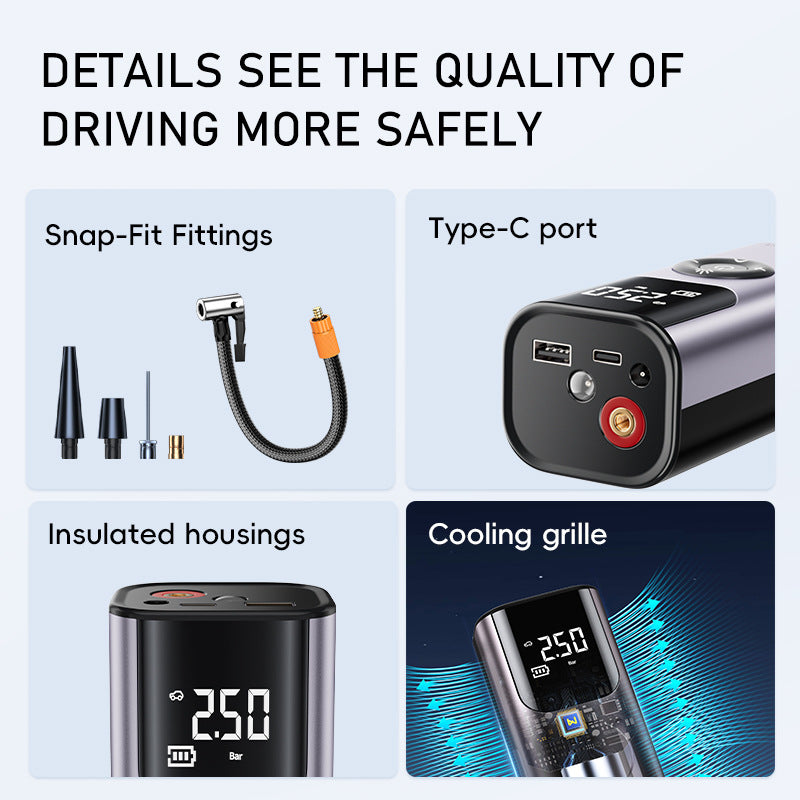 Product features including snap-fit fittings, Type-C port, insulated housings, and cooling grille on a white background.