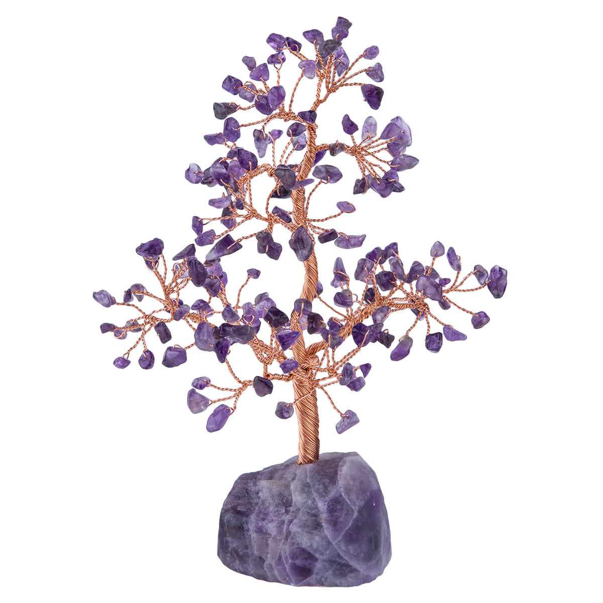 Natural Crystal Fortune Tree Ornament – Amethyst, Fluorite & Pink Crystal with Rough Stone Base