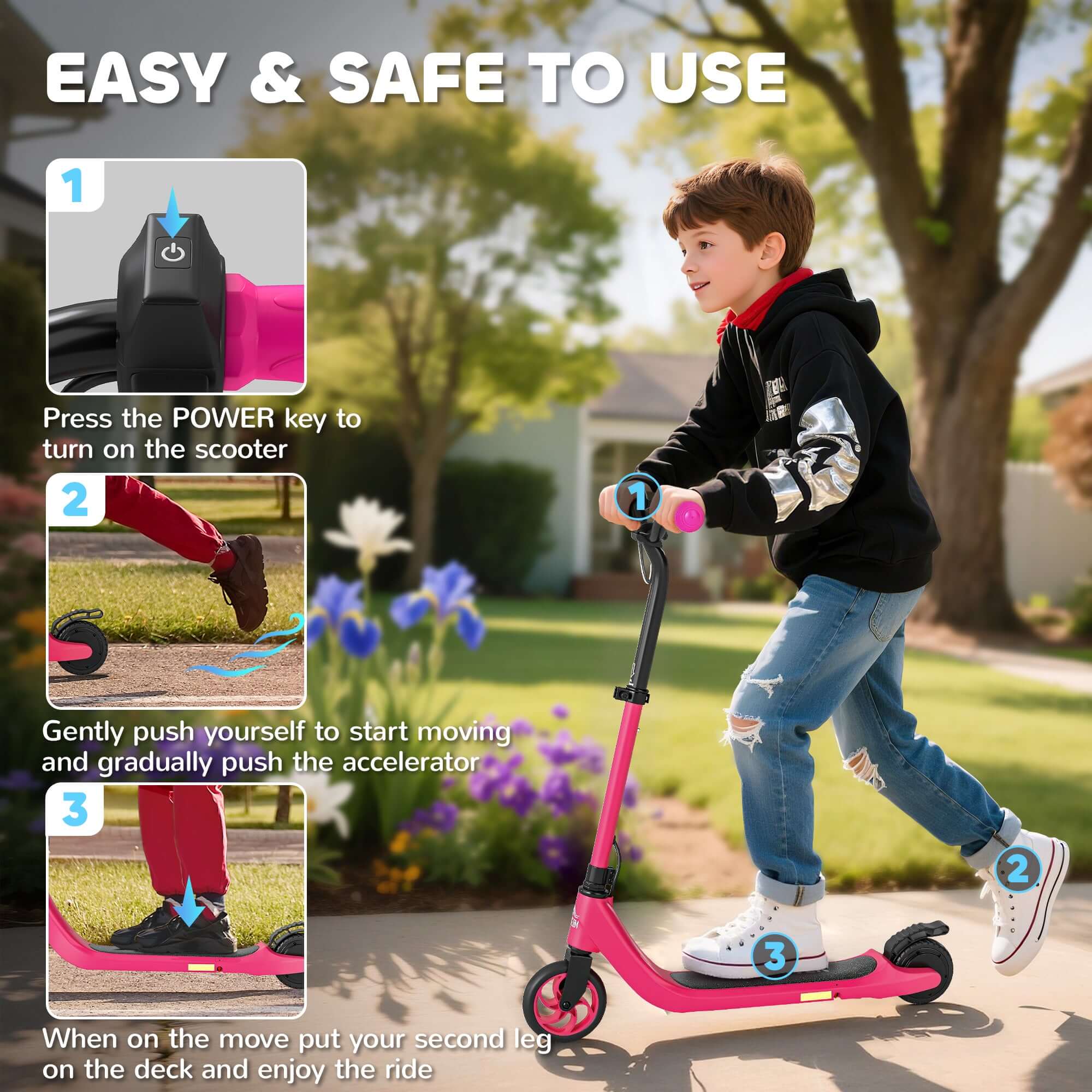 Kids Electric Scooter, Electric Scooters For Kids Ages 6+, 8 KM/H & 6 KM Lightweight E-Scooter, Adjustable Height, Rear Brake - Pink