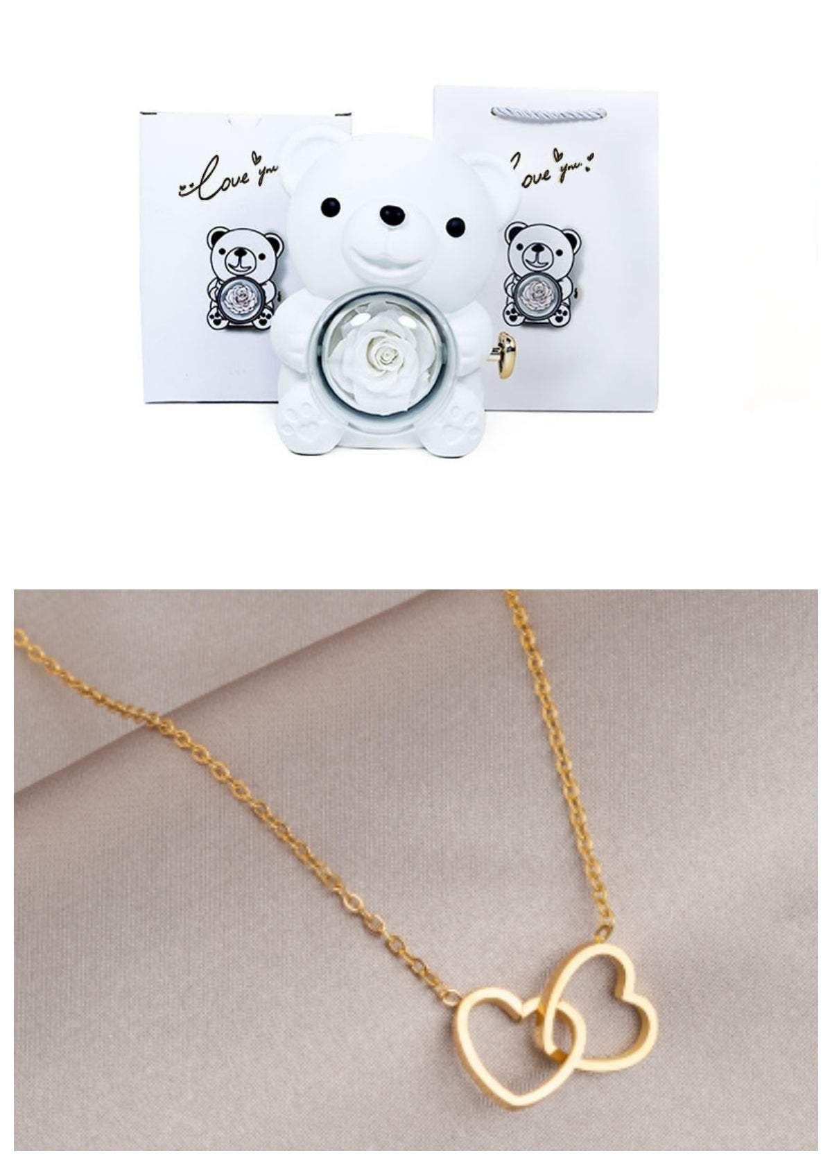 Rotating Eternal Rose Teddy Bear Gift Box Jewelry Box With Necklace Valentine Gift