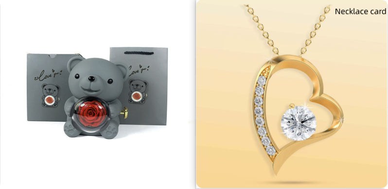 Rotating Eternal Rose Teddy Bear Gift Box Jewelry Box With Necklace Valentine Gift