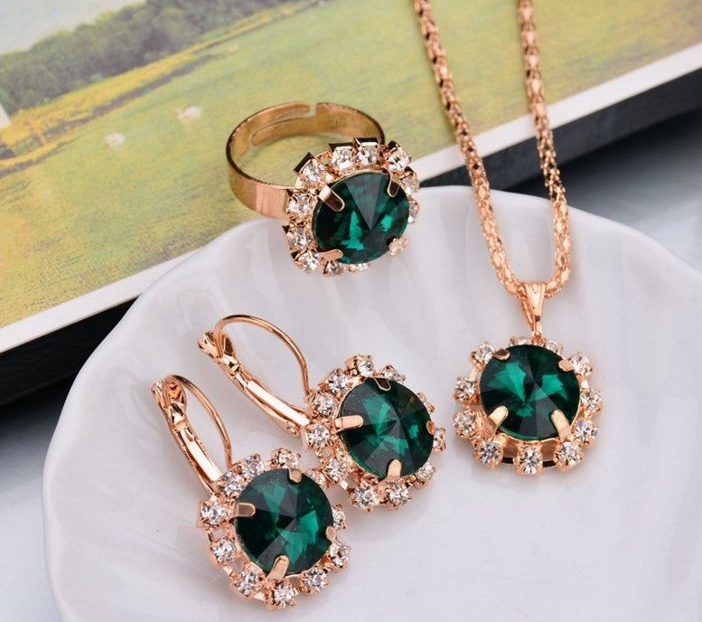 Europe and America fashion round crystal necklace, earrings, and ring jewelry set on white background