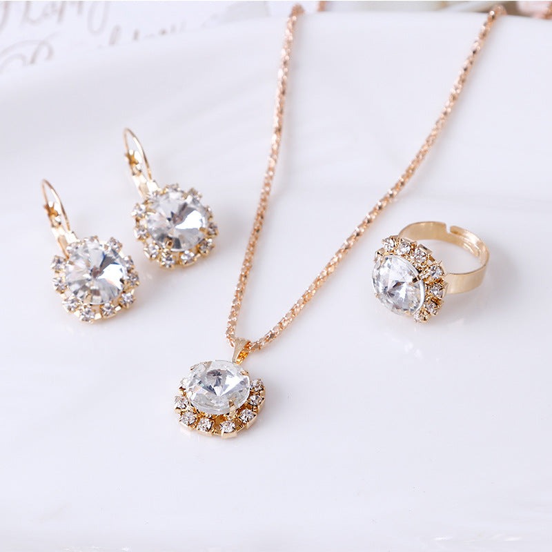 Europe and America fashion round crystal necklace, earrings, and ring set in alloy with 43CM+5CM chain