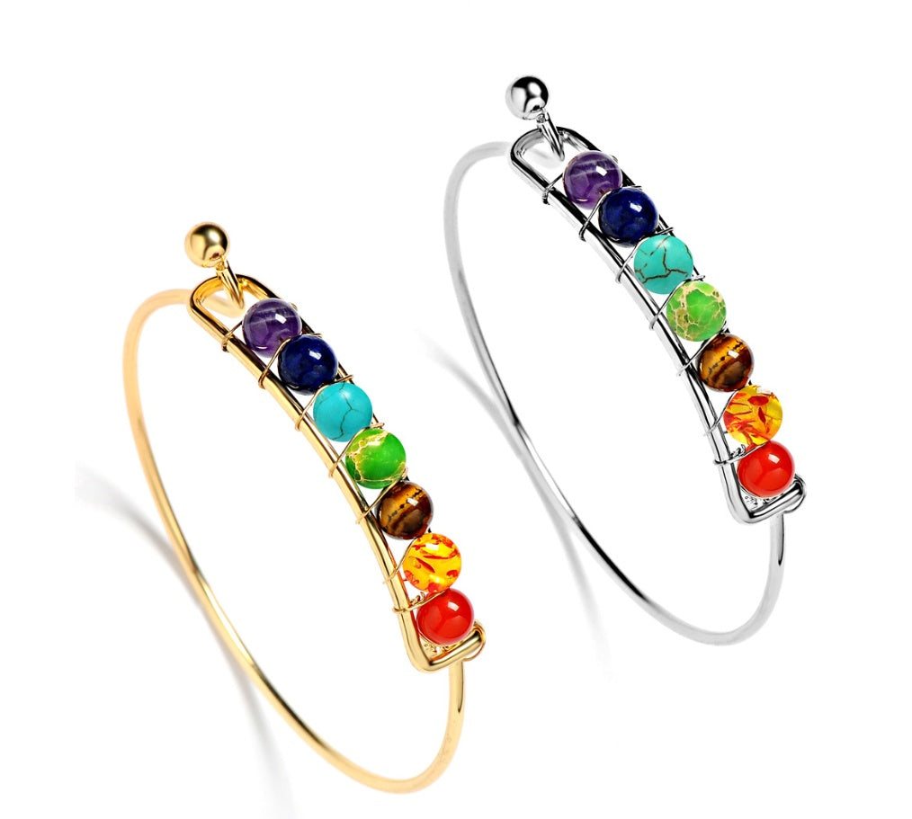 Detailed view of chakra bracelet beads in red, orange, yellow, green, blue, indigo, and violet