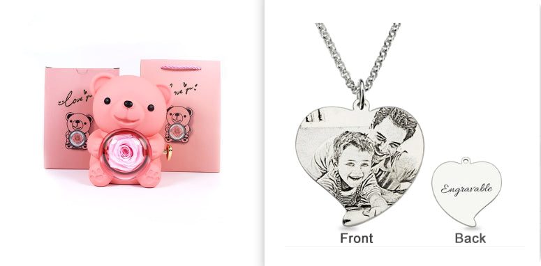 Rotating Eternal Rose Teddy Bear Gift Box Jewelry Box With Necklace Valentine Gift