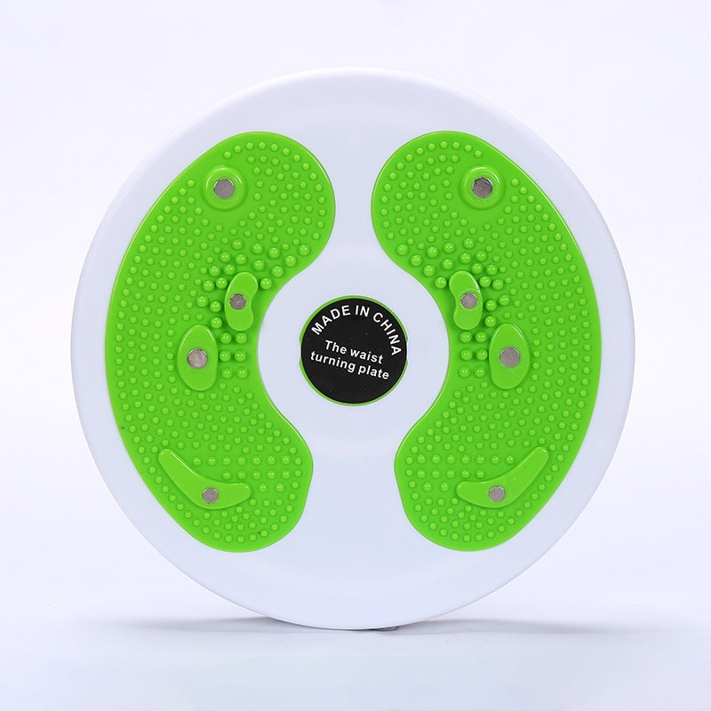 Green waist turning plate with 'Made in China' label on a white background