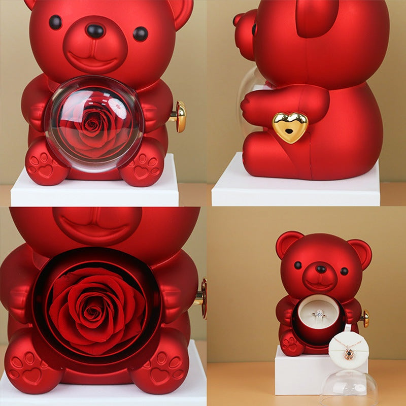 Rotating Eternal Rose Teddy Bear Gift Box Jewelry Box With Necklace Valentine Gift
