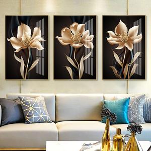 Modern living room decoration with custom sofa and framed landscape painting on crystal porcelain wall