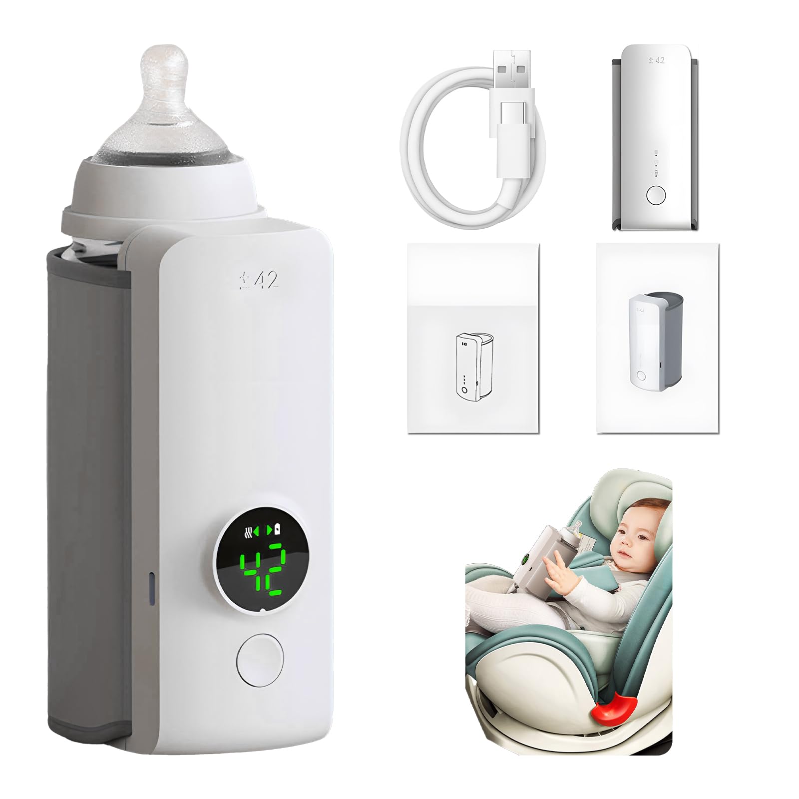 Portable wireless rechargeable baby bottle warmer maintaining 42°C for on-the-go feeding