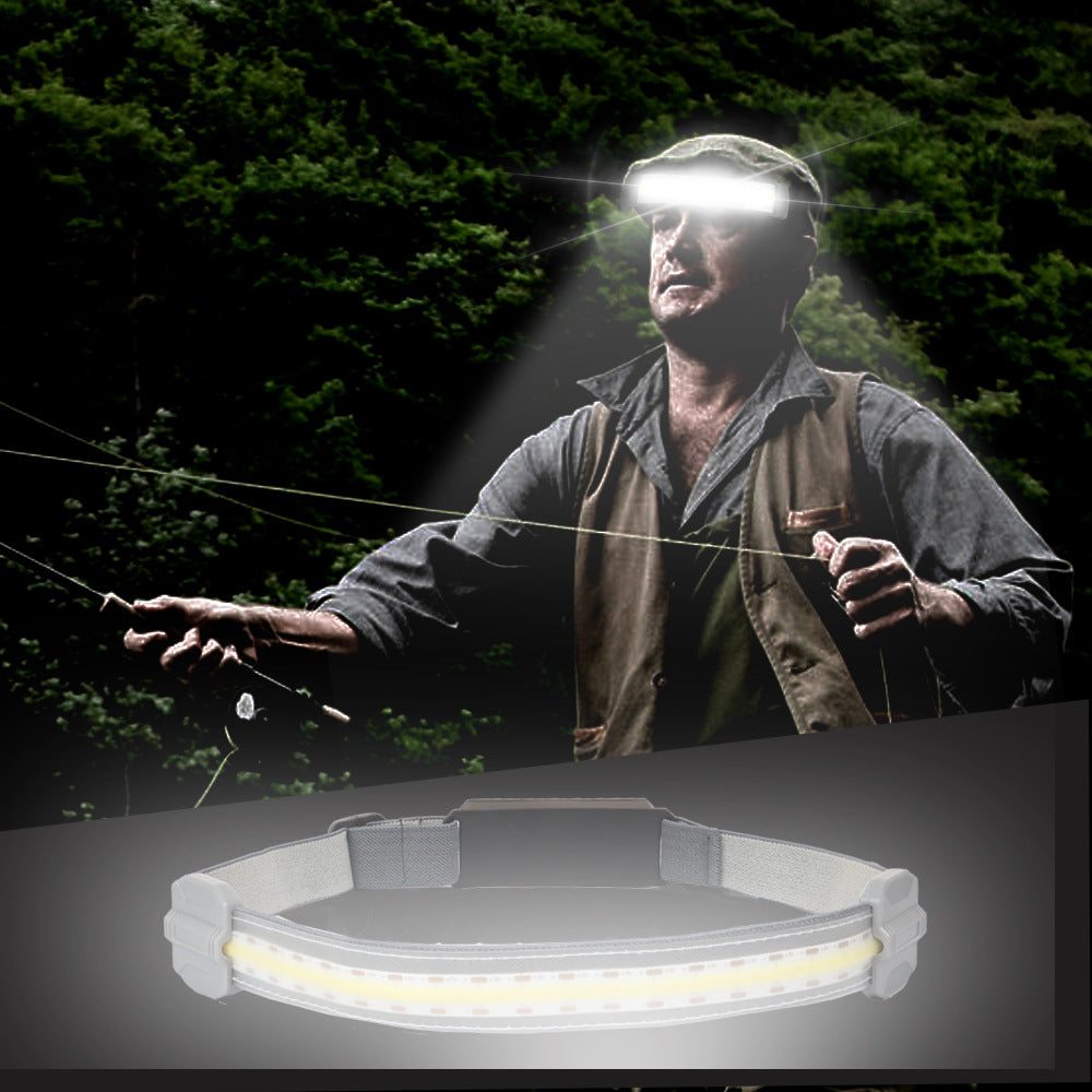 USB rechargeable COB headlamp with 300-lumen floodlight and red warning light, lightweight and waterproof