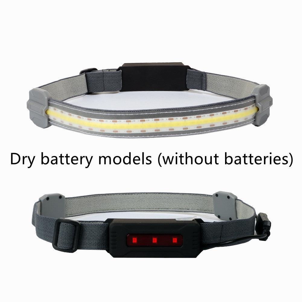 USB rechargeable COB headlamp with 300-lumen white floodlight and rear red warning light, waterproof and lightweight for hands-free use