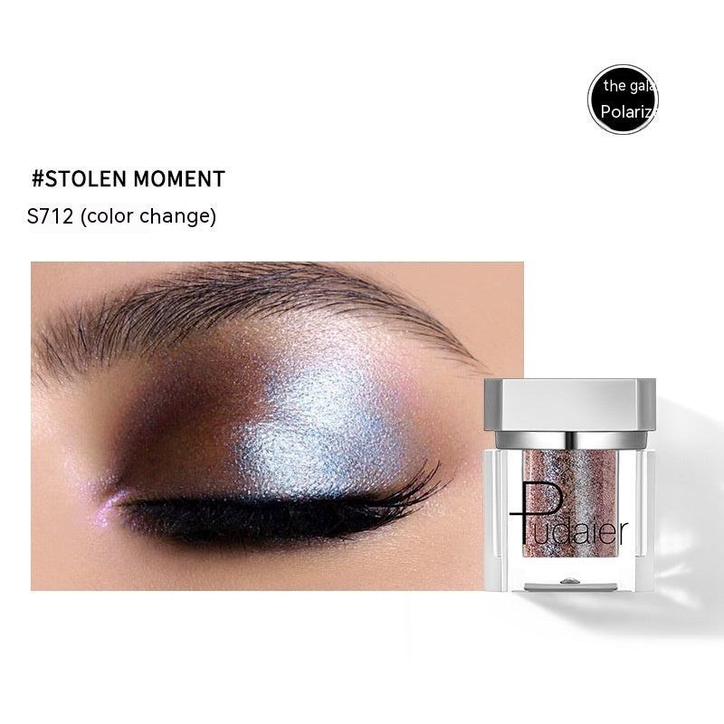 Makeup product with color change effect on eye shadow, branded 'Pudaier'.