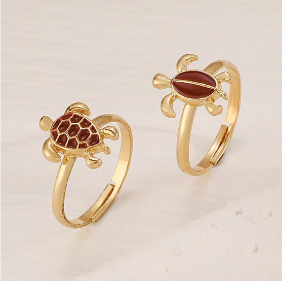 Two cute turtles stacked ring plated 14K gold design for women symbolizing longevity and wisdom
