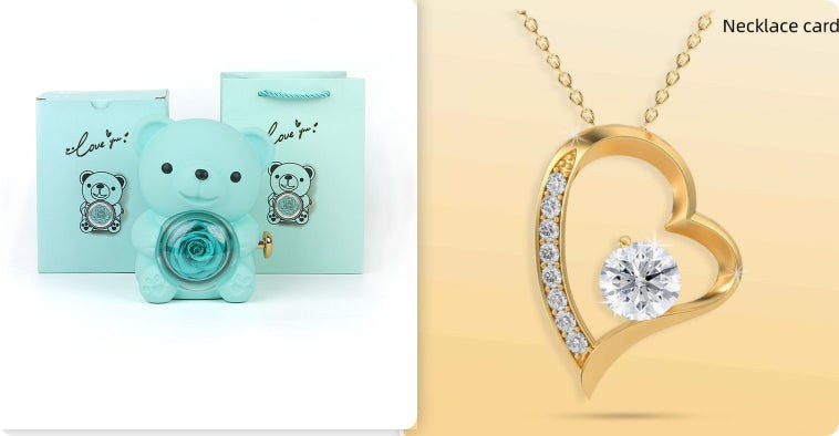 Rotating Eternal Rose Teddy Bear Gift Box Jewelry Box With Necklace Valentine Gift
