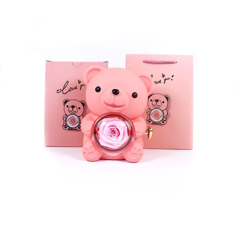 Rotating Eternal Rose Teddy Bear Gift Box Jewelry Box With Necklace Valentine Gift