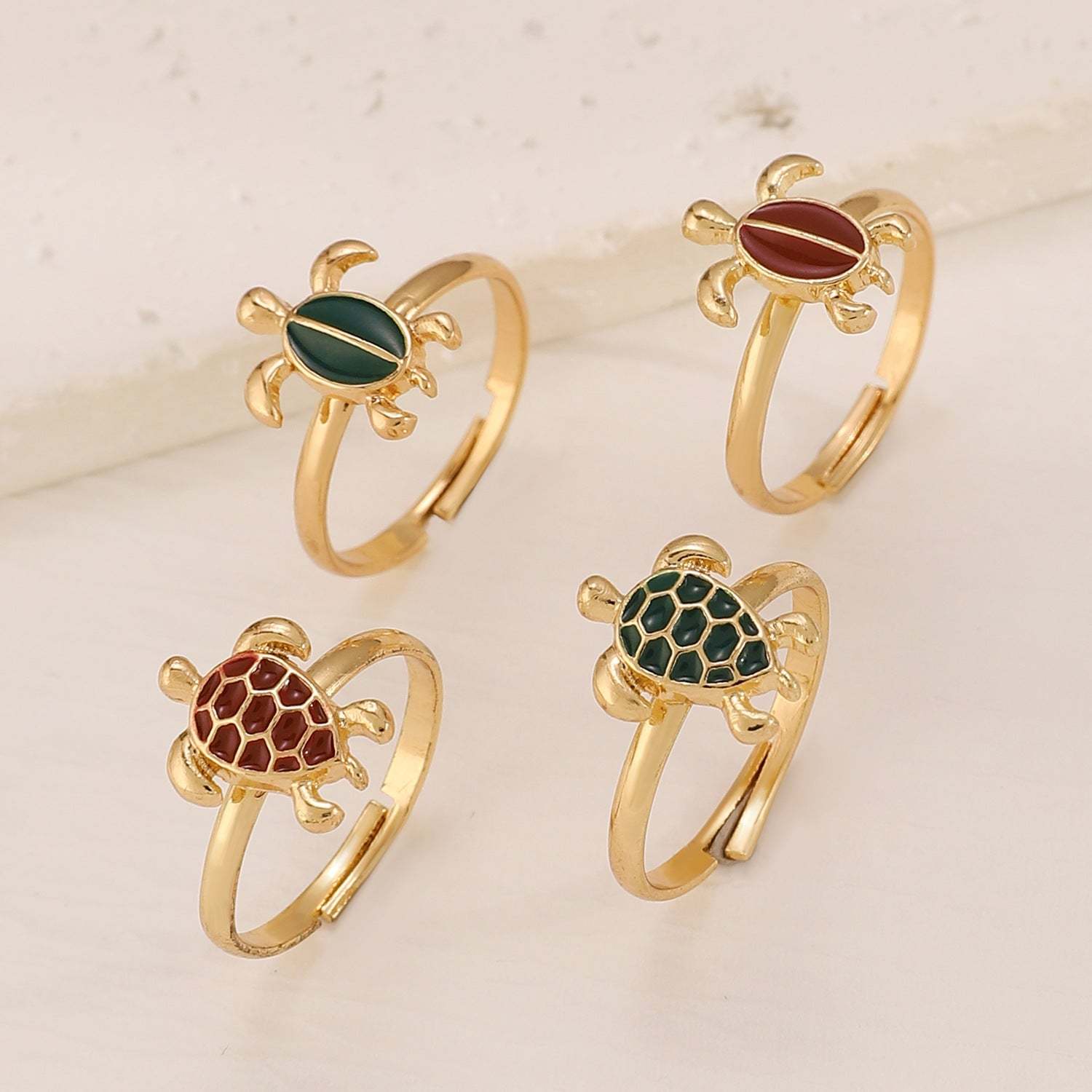 Two cute turtles stacked 14K gold-plated ring for women symbolizing longevity and wisdom