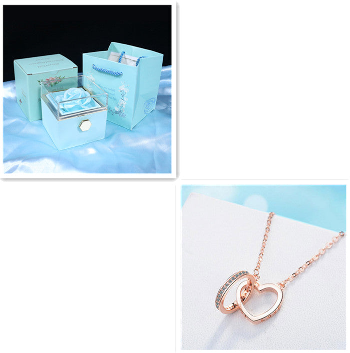Korean style women's silver Necklace Two Ring with diamond geometric design and adjustable chain