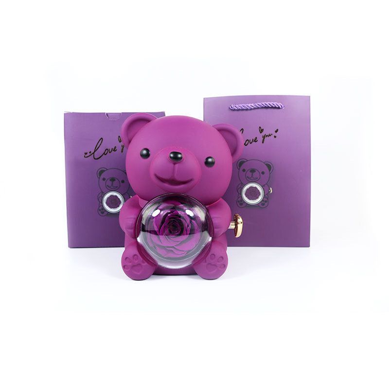 Rotating Eternal Rose Teddy Bear Gift Box Jewelry Box With Necklace Valentine Gift
