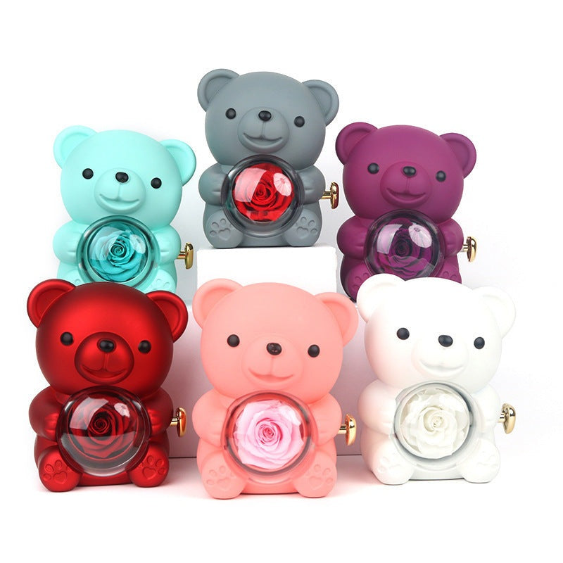 Rotating eternal rose jewelry box with teddy bear and necklace Valentine's gift