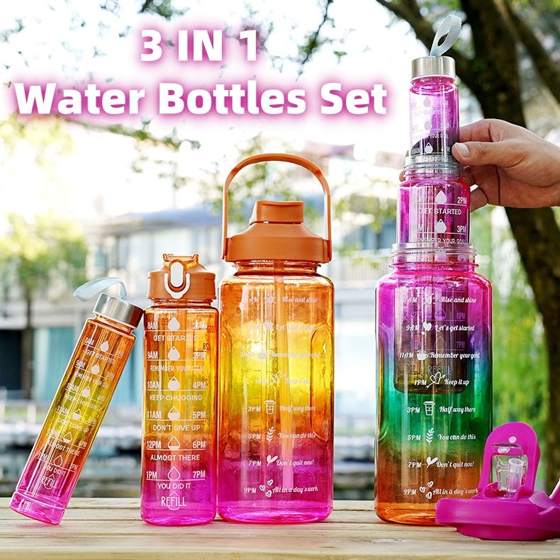 3-piece gradient color motivational water bottles set with straws for outdoor sports and hydration