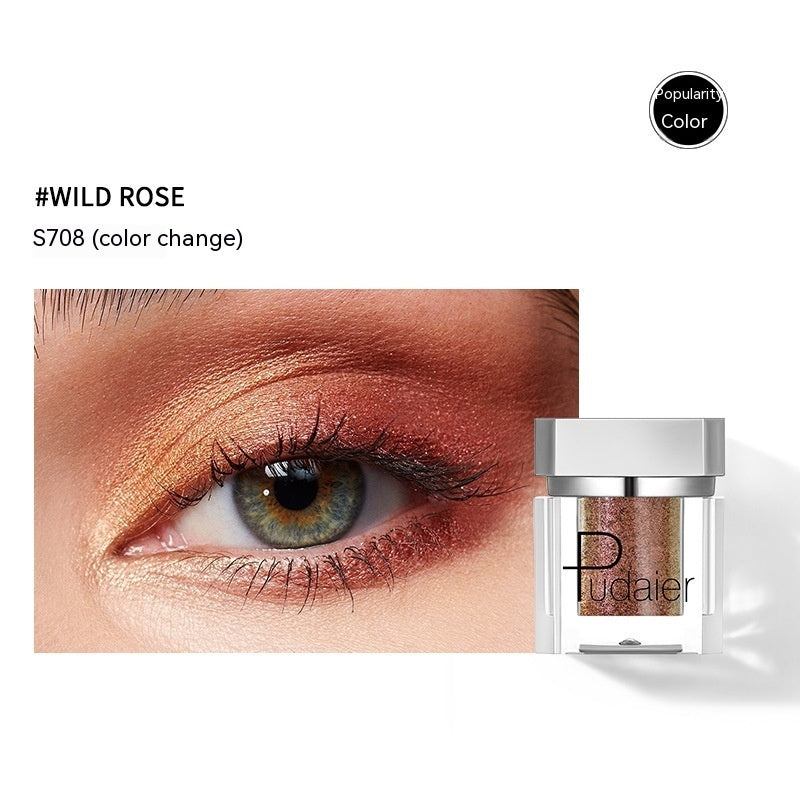 Makeup product with 'Wild Rose' color change on eye close-up, Pudaier brand visible