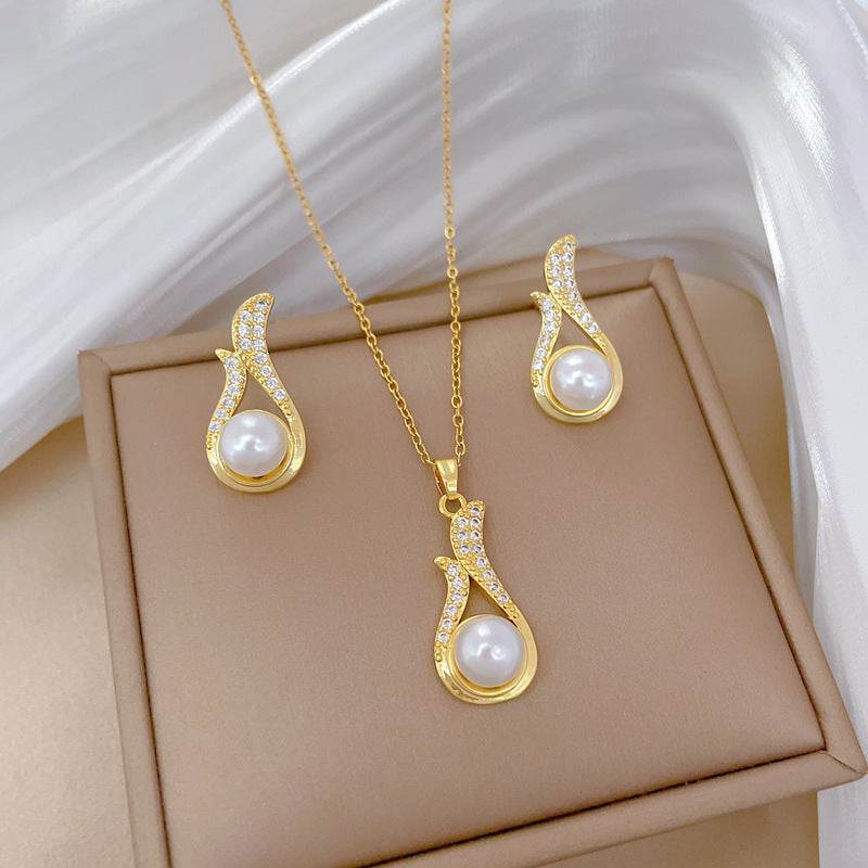 Light luxury necklace and earrings suite with full diamond and pearl, Korean style geometric universe design