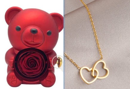 Rotating Eternal Rose Teddy Bear Gift Box Jewelry Box With Necklace Valentine Gift