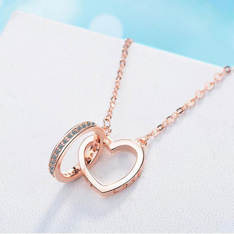 Silver Korean style Necklace Two Ring with diamond accents and geometric design