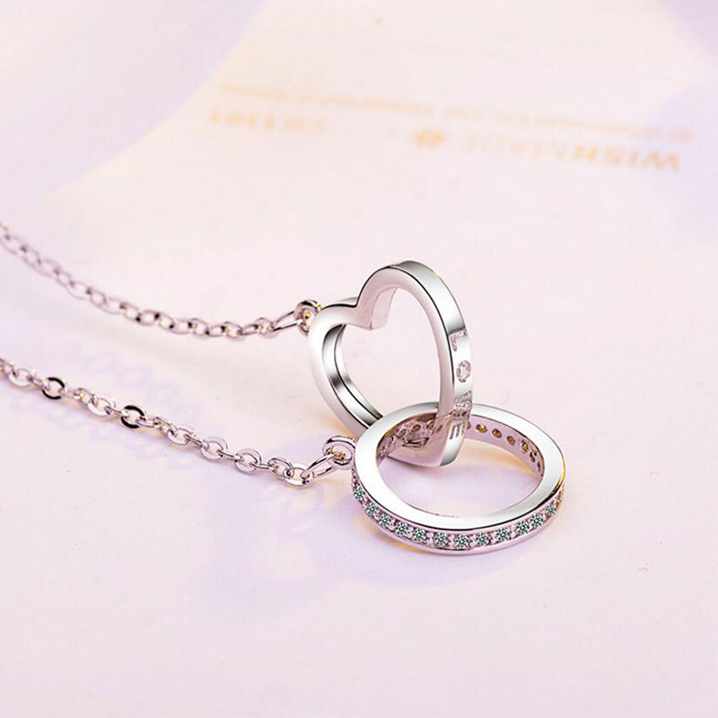 Korean style silver Necklace Two Ring with diamond accents and geometric design