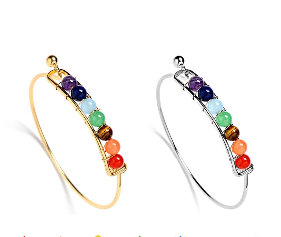 Close-up of chakra bracelet showing vibrant multicolor beads and copper accents