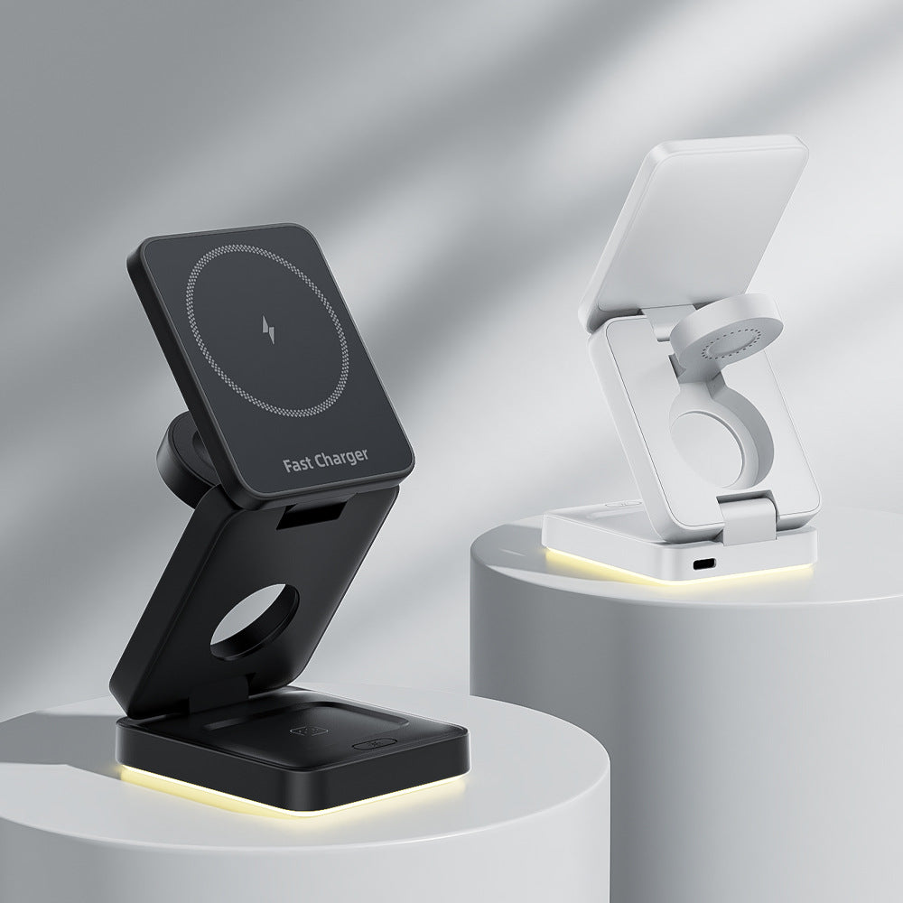 3-in-1 folding magnetic wireless charger for phone, watch, and earbuds with sleek portable design