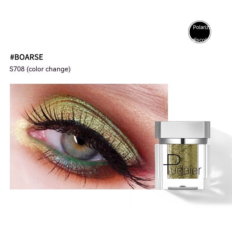 Eye makeup with gold color change effect and Pudaier product packaging.
