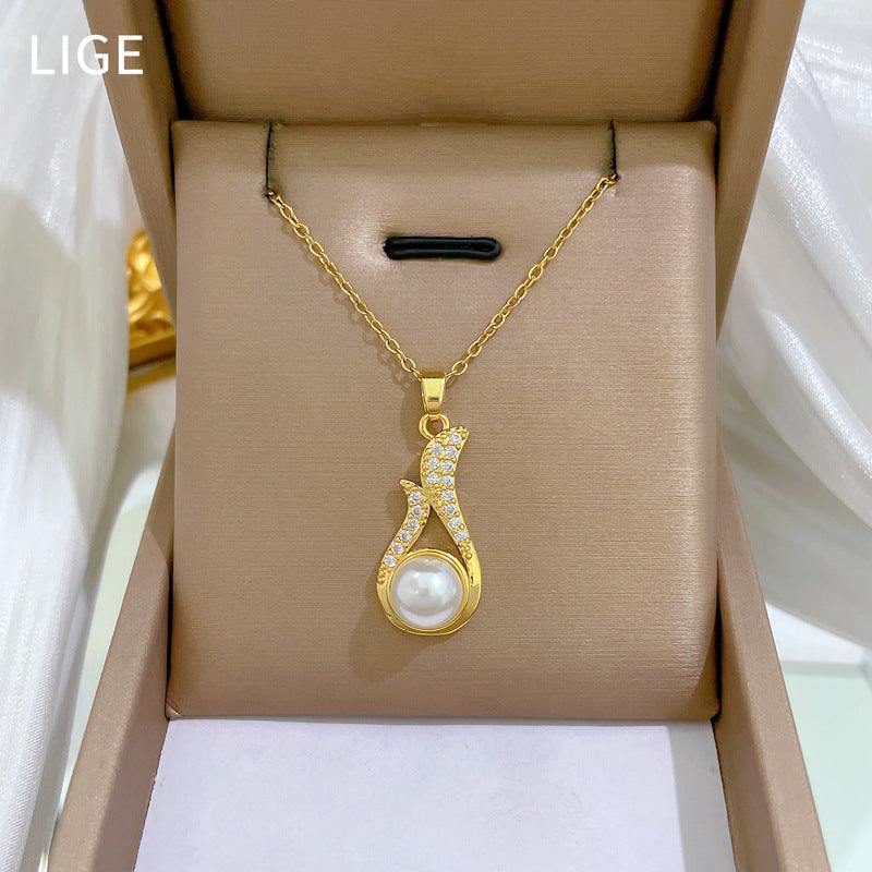 Elegant Korean style geometric necklace and earrings suite with diamond and pearl accents