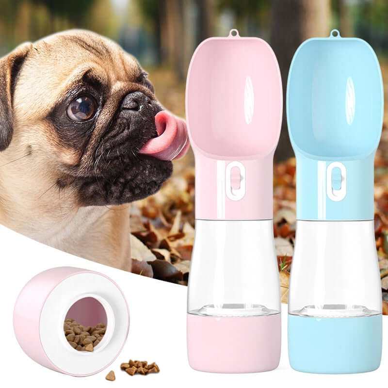 Traveling Out Portable Dog Water Dispenser with dual compartments for water and food, handheld and shoulder strap design for outdoor use
