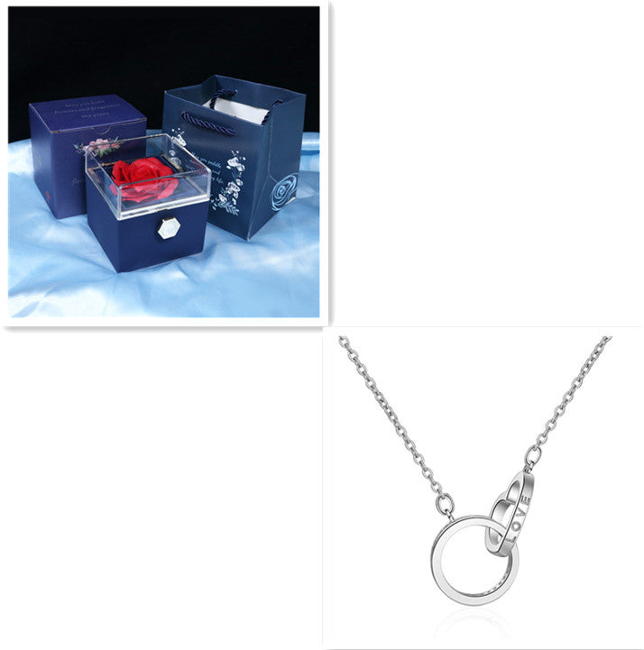 Silver Korean style Women's Necklace Two Ring with diamond geometric design and adjustable chain