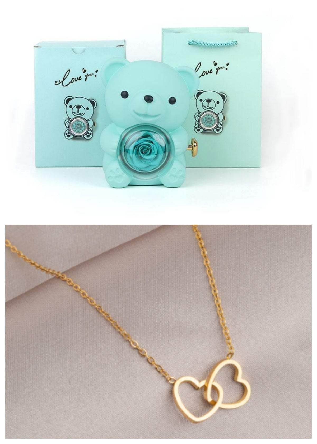 Rotating Eternal Rose Teddy Bear Gift Box Jewelry Box With Necklace Valentine Gift