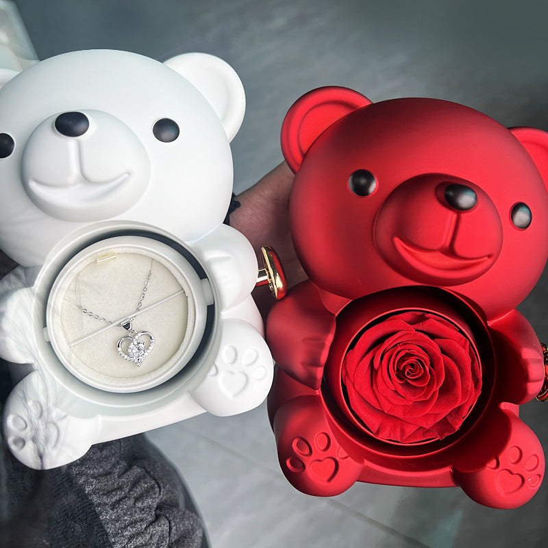Rotating Eternal Rose Teddy Bear Gift Box Jewelry Box With Necklace Valentine Gift