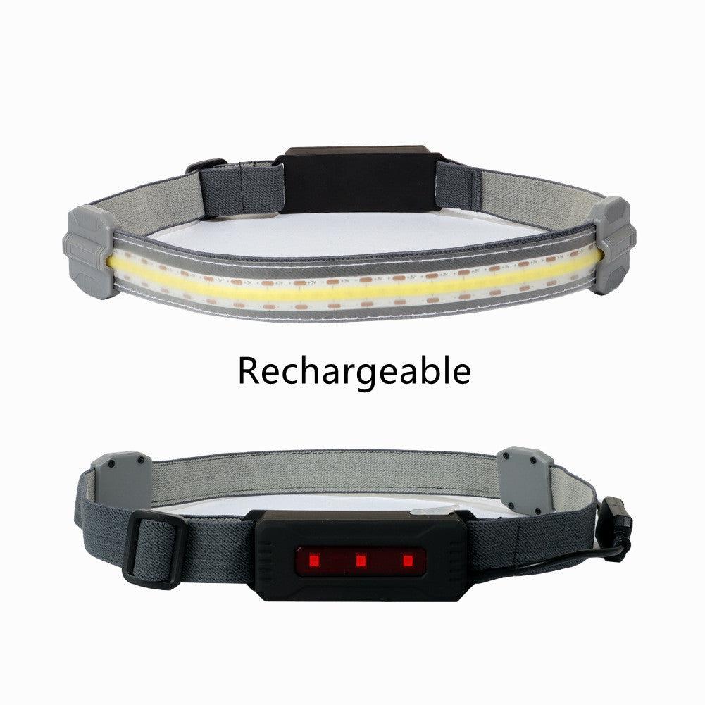 USB rechargeable COB headlight with red warning light, 300 lumens floodlight, and lightweight design for hands-free lighting