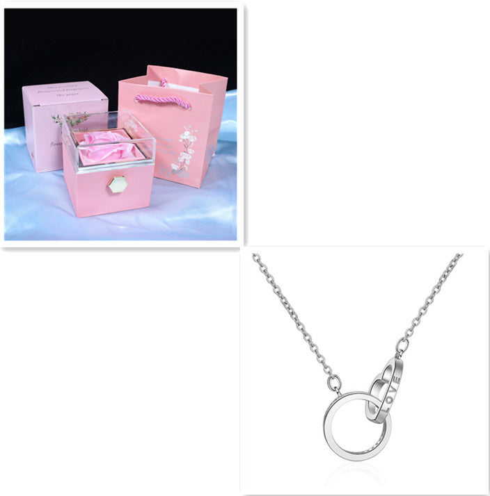 Korean style silver Necklace Two Ring with diamond geometric design and 40cm adjustable chain