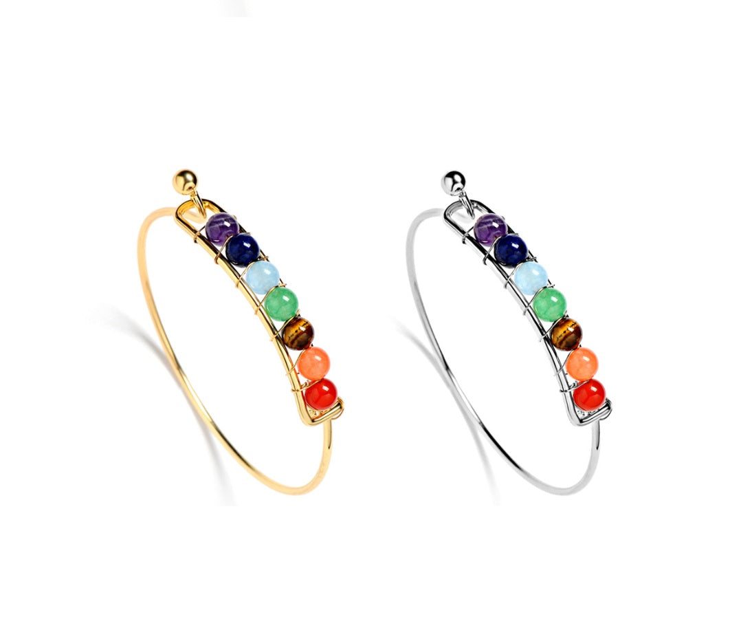Chakra healing bracelet with seven colored stones representing energy centers