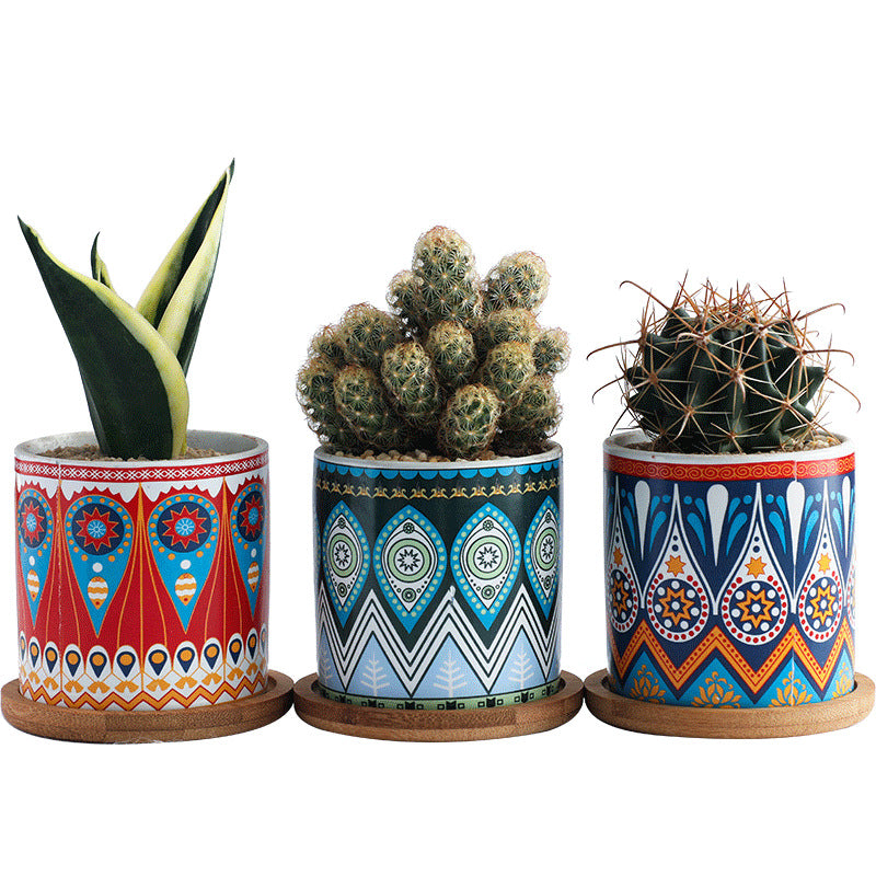Mandala ceramic flower pot with European style and color glaze finish