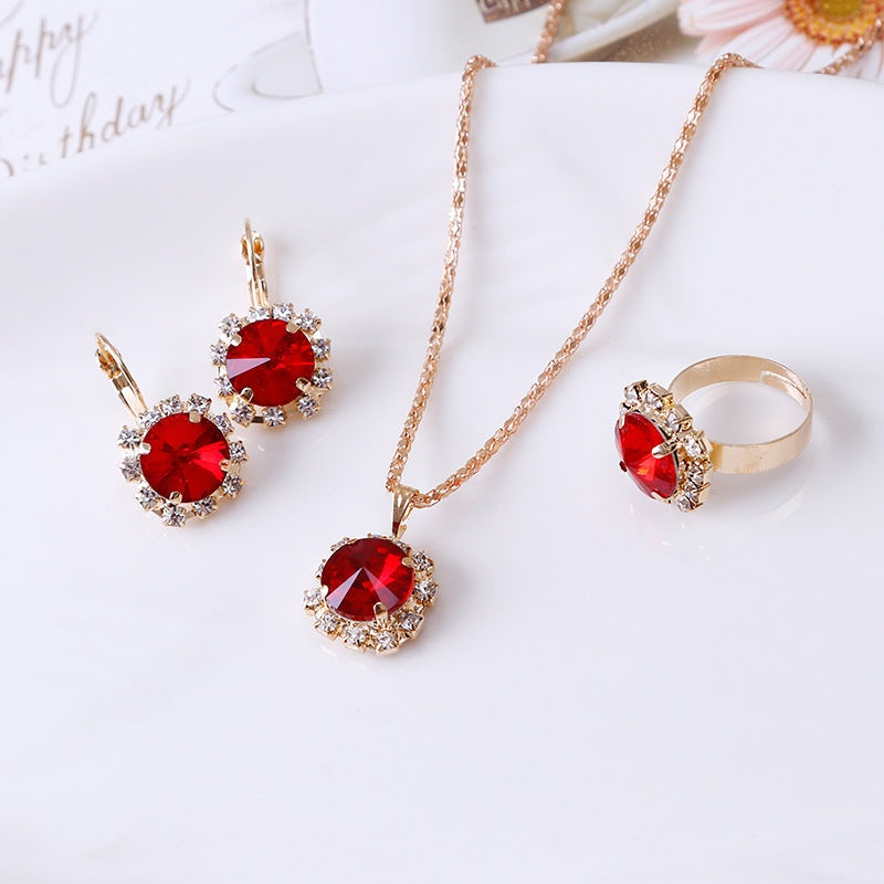 Europe and America fashion round crystal necklace, earrings, and ring set in alloy, wholesale jewelry with 43CM necklace plus 5CM extender