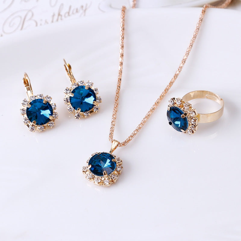 Europe and America fashion round crystal necklace, earrings, and ring set in alloy