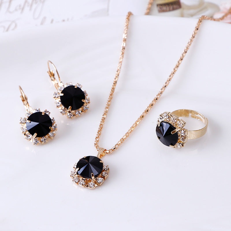 Europe and America fashion round crystal necklace earrings ring set in alloy with 43CM+5CM chain length